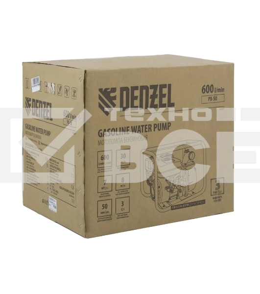 Мотопомпа бензиновая Denzel PX-50 для чистой воды, 7 л.с., 2', 600 л/мин, глуб 8 м, напор 30 м