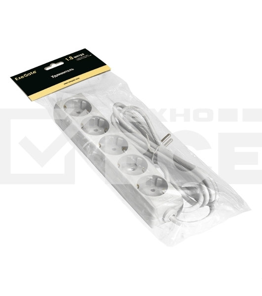 Удлинитель ExeGate ECE-5-1.8W (EX285821RUS), белый, 1,8 м, евровилка с заземлением, 5 евророзеток с заземлением, 2200 Вт