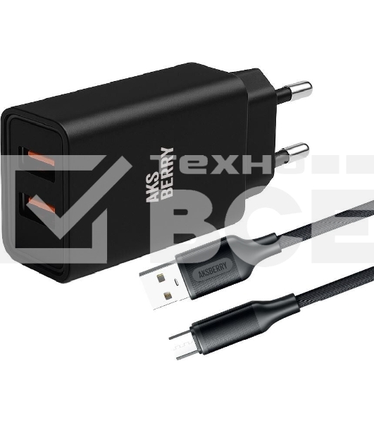 Сетевое зарядное устройство AKSBERRY (6900209220015) T38 2 USB 2.4A + кабель MicroUSB, черный