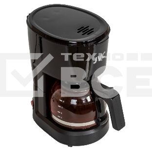 Кофеварка капельного типа, максимальная мощность 600 Вт, объем резервуара для воды 600 мл, стеклянная колба, индикатор уровня воды, съемный моющийся фильтр, противокапельная система, функция поддержания температуры, мерная ложка в комплекте, черный