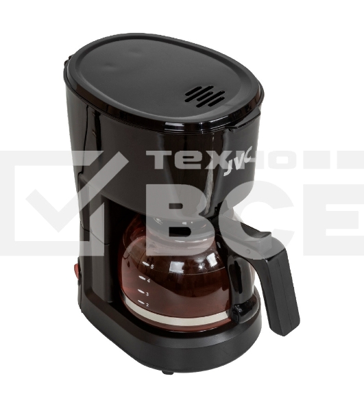 Кофеварка капельного типа, максимальная мощность 600 Вт, объем резервуара для воды 600 мл, стеклянная колба, индикатор уровня воды, съемный моющийся фильтр, противокапельная система, функция поддержания температуры, мерная ложка в комплекте, черный