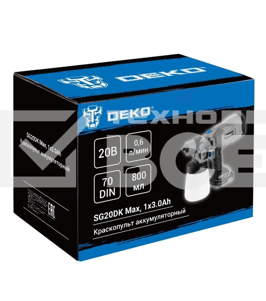 Краскопульт аккумуляторный DEKO SG20DK Max, 20В, 800 мл, 1x3.0А·ч 083-1135