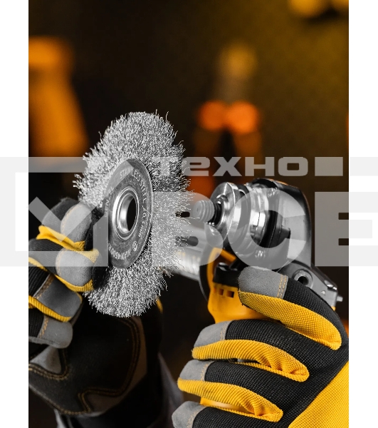 Щетка для УШМ Denzel 125 мм, плоская, витая нержавеющая проволока 0,3 мм, посадка 22,2 мм