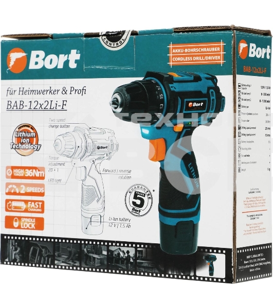Дрель-шуруповерт Bort BAB-12x2Li-F, Аккумуляторная, 12В, 1 АКБ