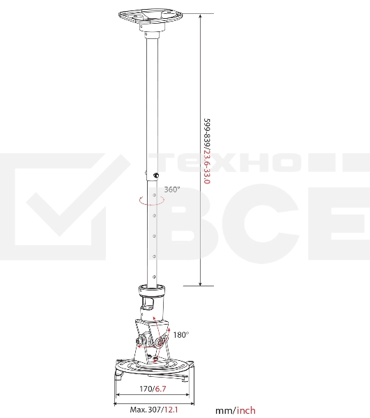 Кронштейн для проектора Cactus CS-VM-PR01L-AL серебристый макс.10кг настенный и потолочный поворот и наклон