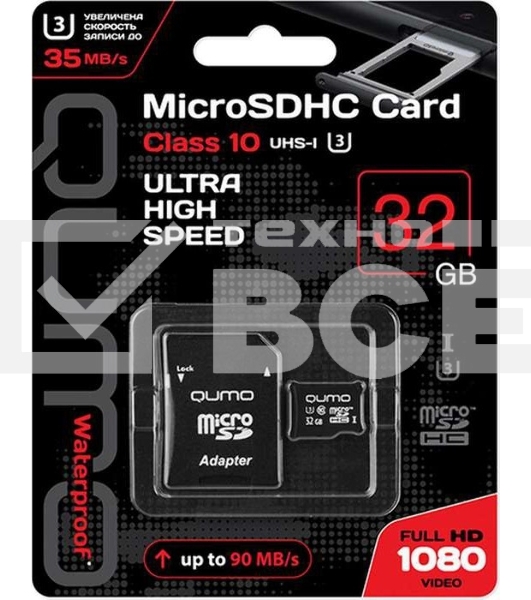 Флеш карта QUMO MicroSDHC 32GB Сlass 10 UHS-I U3 ,3.0 с адаптером SD, черно-красная картонная упаковка (QM32GMICSDHC10U3)