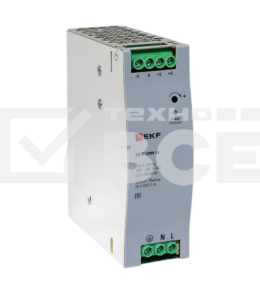 Блок питания на дин рейку EKF DR-E-120W-24 120 вт,Uвх ~ 220 В AC, Uвых - 24 В DC постоянного тока