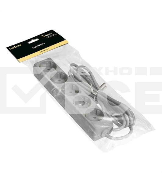 Удлинитель ExeGate ECE-5-3G (EX285823RUS), серый, 3 м, евровилка с заземлением, 5 евророзеток с заземлением, 2200 Вт