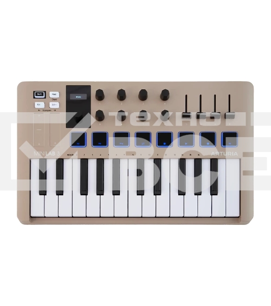 Клавиатура MIDI 231508 Arturia MiniLAB 3 Champagne 25 клавиш, 8 энкодеров, 8 RGb пэдов, 8 фейдеров, дисплей, сенсорные регуляторы Pitch/Modulation, MIDI-выход, 1/4' Jack вход педали, режим Chord, арпеджиатор, USB-C