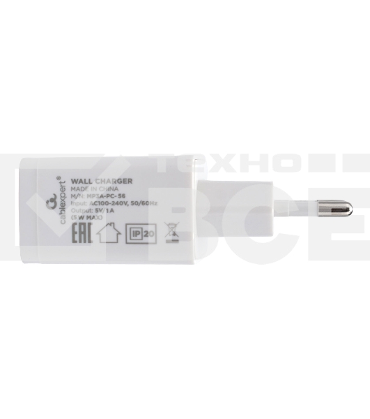 Зарядное устройство Cablexpert MP3A-PC-56, 5Вт, 1А, 1хUSB, белый, пакет