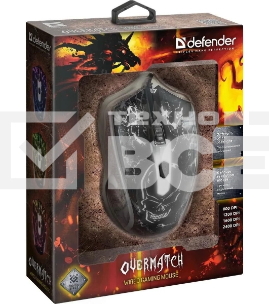 Мышь проводная Defender Overmatch GM-069 черный, 2400 dpi, USB, кнопки - 4