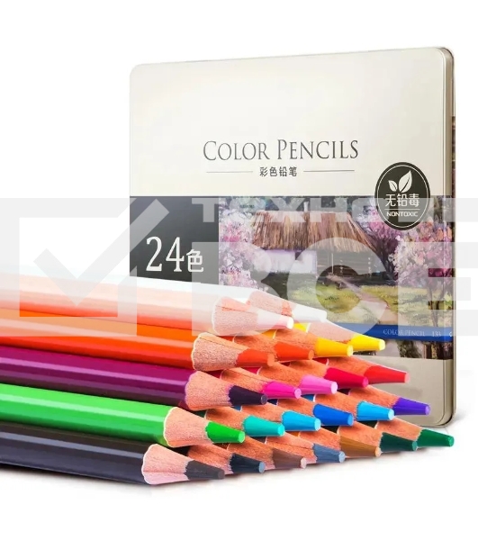 Карандаши цветные Deli 6565, акварельные, круглый профиль, липа, цветной корпус 24 цвета, металлическая коробка