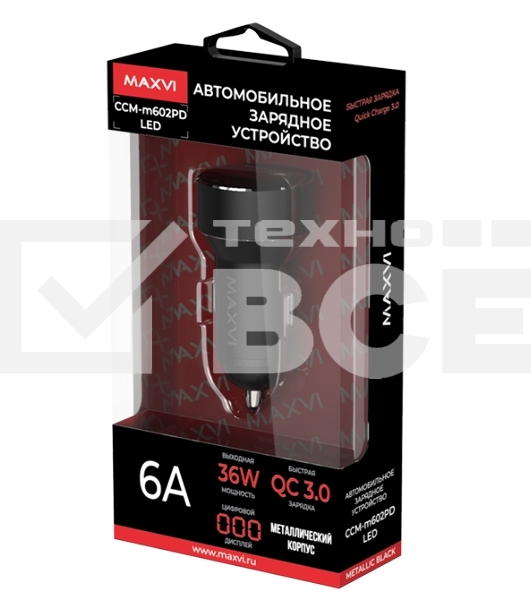 Автомобильное зарядное устройство Maxvi CCM-M602PD LED metallic черный 6A, 1xUSB, 1xType-C, QC3.0