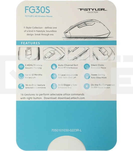 Мышь беспроводная A4Tech Fstyler FG30S серый/оранжевый, 2000 dpi, радиоканал, USB, кнопки - 6