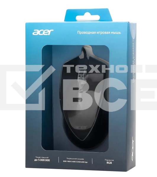 Мышь проводная Acer OMW131 черный, 6400 dpi, USB, кнопки - 7