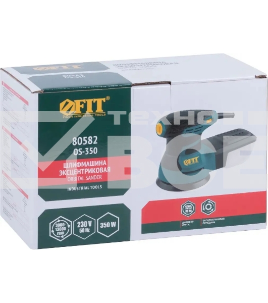 Шлифмашина эксцентриковая FIT OS-350, 350 Вт, 3000-13000 об/мин, 125 мм, 1,5 кг, липучка, пластик. контейнер, коробка