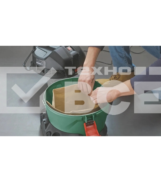 Строительный пылесос Bosch UniversalVac15 зеленый, 1000 Вт, уборка сухая/влажная, пылесборник контейнер, 15 л