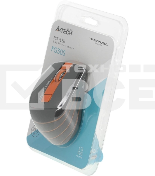 Мышь беспроводная A4Tech Fstyler FG30S серый/оранжевый, 2000 dpi, радиоканал, USB, кнопки - 6