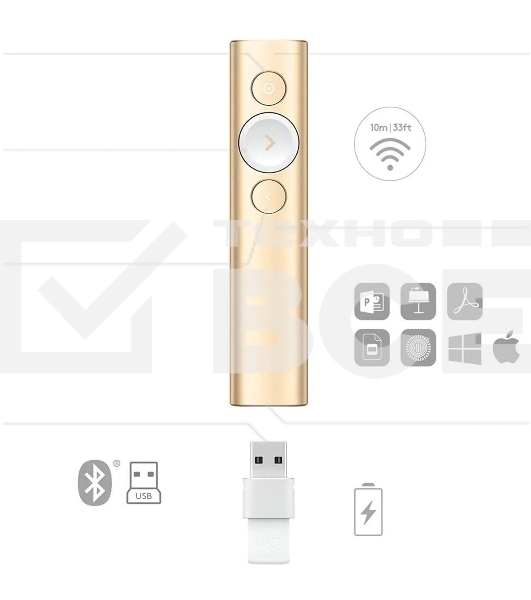 Презентер беспроводной Logitech Spotlight золотистый, радиоканал, USB, кнопки - 3