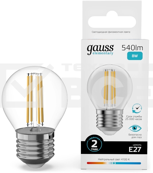 Лампа филам. Gauss Filament 8Вт цок.:E27 шар св.свеч.бел.нейт. (упак.:10шт) (52228)