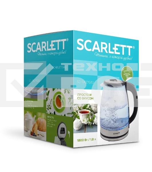 Чайник электрический Scarlett SC-EK27G30, 1800Вт, 1.8л, сталь/черный