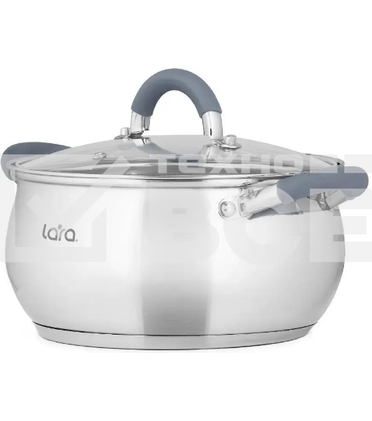 Кастрюля LARA LR02-483 BELL 22x12,5 см, 4,7 л, нержавеющая сталь 316L (хром/никель/молибден), индукционное дно, силиконовая ручка, стеклянная крышка