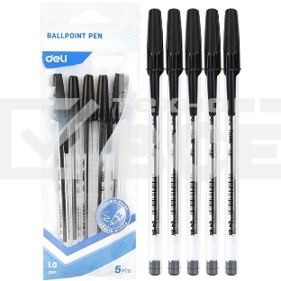 Набор ручек шариковых Deli Think EQ4-MT-BK прозрачный/черный, d=1мм, черные чернила, индивидуальный пакет с европодвесом (5шт) круглая