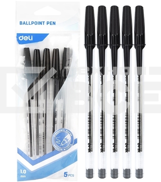 Набор ручек шариковых Deli Think EQ4-MT-BK прозрачный/черный, d=1мм, черные чернила, индивидуальный пакет с европодвесом (5шт) круглая