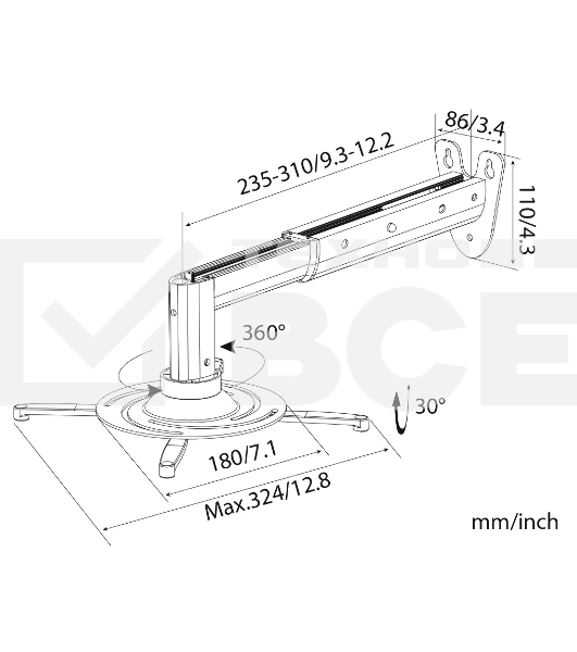 Кронштейн для проектора Cactus CS-VM-PR05B-BK черный макс.10кг настенный и потолочный поворот и наклон
