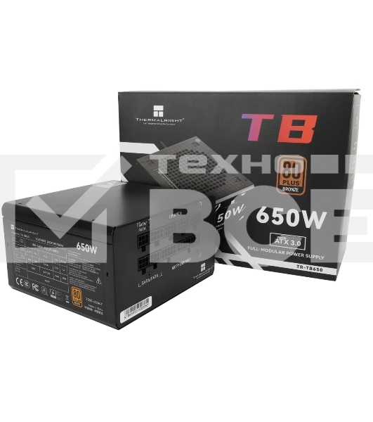 Блок питания Thermalright, 650W 80+ Bronze (ATX, 3.0, Full modular, 1x24(20+4)pin, 2xCPU 8(4+4)pin, 4xPCIe*2 8(6+2)pin, 3xSATA3, 3xMOLEX4pin, Active, 120x120mm, 150x140x86mm, APFC, black)