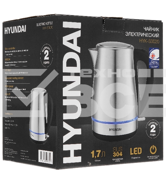 Чайник электрический Hyundai HYK-S3020 1.7 л, 2200 Вт, серебристый матовый/черный (корпус: металл)