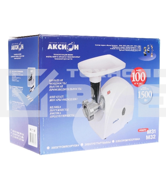 Мясорубка электрическая Аксион М31.04 белый, 1500 Вт, 1.7 кг/мин, реверс, защита от перегрузки, насадки - 4