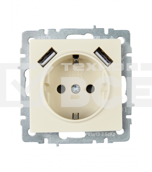 Розетка 1-местная IEK BRITE РЮш10-2-БрКр (BR-R14-16-U21-D31-K10) с заземлением, с защитными шторками, 16А, с USB A+A 5В 3,1А, бежевый