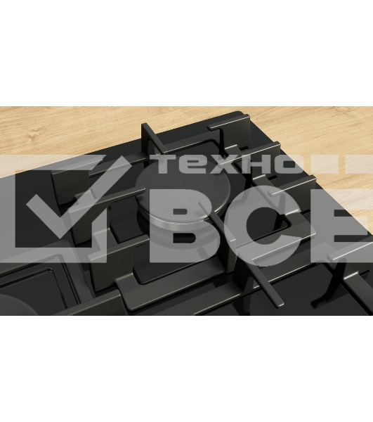 Газовая варочная панель Bosch PPQ7A6I45, 75 см, закаленное стекло, черная, 5 конфорок, 1 WOK-конфорка c 2 контурами пламени, 1 конфорка повышенной мощности, FlameSelect, индивидуальные чугунные решетки, газ-контроль, автоматический электроподжиг, сделано в Испании