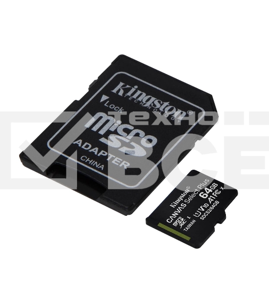 Флеш карта microSDHC 64GB microSDXC Class10 Kingston <SDCS2/64GB> Class10 UHS-I Canvas Select up to 100MB/s с адапт.