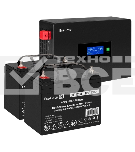 Комплект Источник бесперебойного питания EX295994RUS + батарея 33Aч EX282974RUS 2шт (инвертор, синус, для котла, PF=1, настенный) ExeGate IdealSine SR-1500.LCD.2SH 1500VA/1500W, чистая синусоида, цветной LCD-дисплей, 2*Schuko, крепление настенное, черный + батарея ExeGate DT 1233 (12В, 33А·ч) 2шт