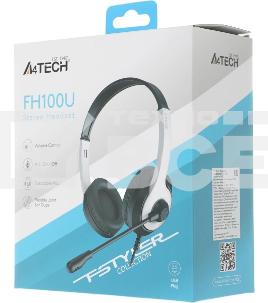 Гарнитура проводная с микрофоном A4Tech Fstyler FH100U белый/черный 2м