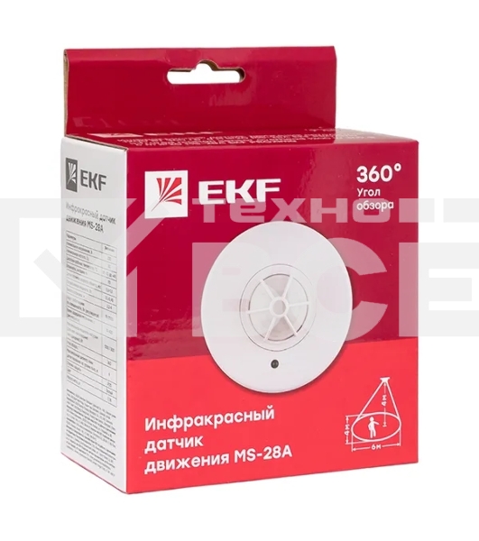 Датчик движения EKF MS-28A PROxima (dd-ms-28A) ИК потолочный 1200 Вт 360 гр. до 8 м IP20