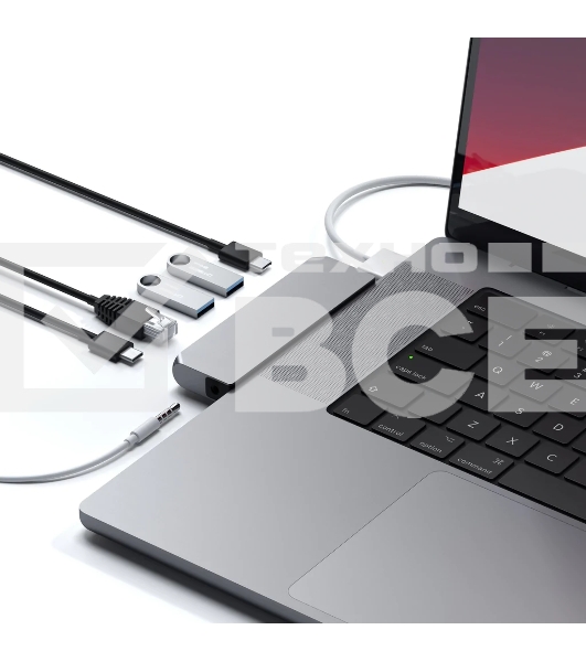 USB-концентратор Satechi Pro Hub Mini (2xUSB 3.0, USB Type-C, USB Type-C 4, RJ-45, Mini jack), Серый космос ST-UCPHMIM