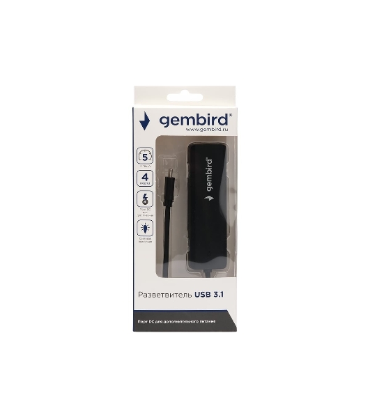 USB-концентратор Gembird UHB-C364, USB 3.0, USB 4 порта, USB Type-C / с доп питанием