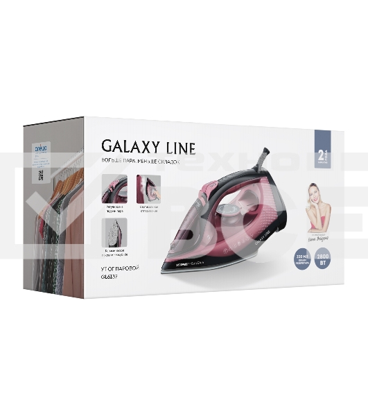 Утюг Galaxy Line GL 6132, розовый с черным, паровой, 2800 Вт, керамическое покрытие EasyGlide, функции: самоочистка, антикапля, антинакипь, указатель максимального уровня воды, индикатор нагрева, вертикальное отпаривание, паровой удар, регулировка подачи 