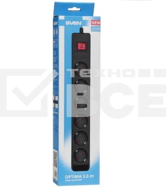 Фильтр SVEN Optima 3,0 м (6 розеток с защитными шторками) черный, цветная коробка
