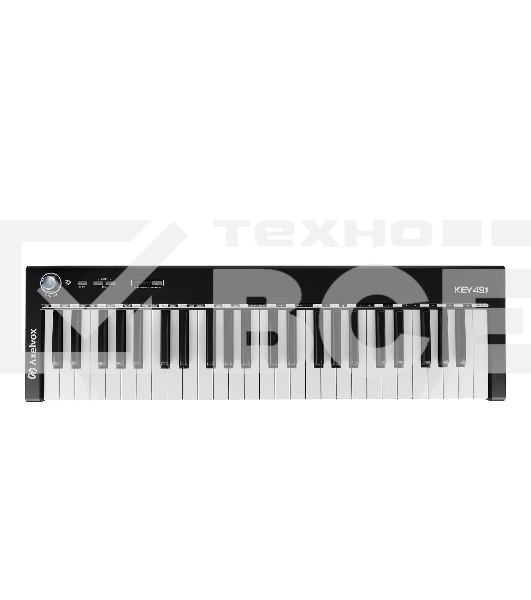 Клавиатура MIDI [AX-1973K] Axelvox [KEY49j Black] 4-октавная (49 клавиш) динамическая USB, 3 кнопки, джойстик (Pitch Bend и Modulation), 1 программируемый фейдер, вход Sustain педали, выключатель питания, питание от USB. Цвет черный.