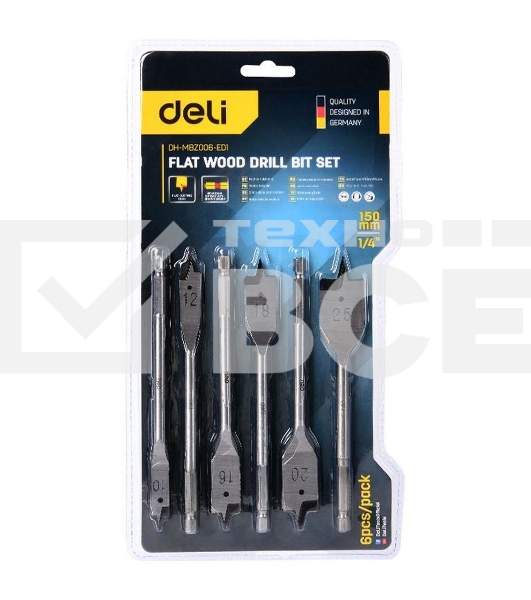 Набор перовых сверл по дереву 6 шт (10/12/16/18/20/25мм) Deli DH-MBZ006-ED1 длина 150мм, 1/4