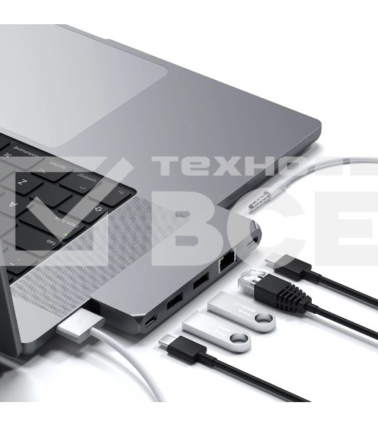 USB-концентратор Satechi Pro Hub Mini (2xUSB 3.0, USB Type-C, USB Type-C 4, RJ-45, Mini jack), Серый космос ST-UCPHMIM