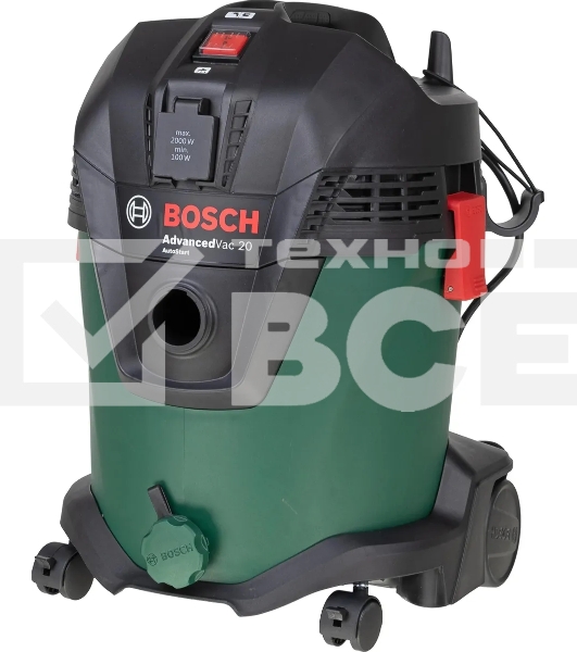 Строительный пылесос Bosch AdvancedVac20 зеленый, 300/1200 Вт, уборка сухая/влажная, пылесборник мешок/контейнер, 20 л