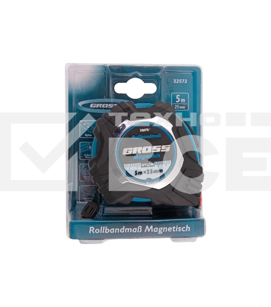 Рулетка Magnetisch, 5 м х 25 мм обрезиненный корпус,автоматическая фиксация GROSS 32572