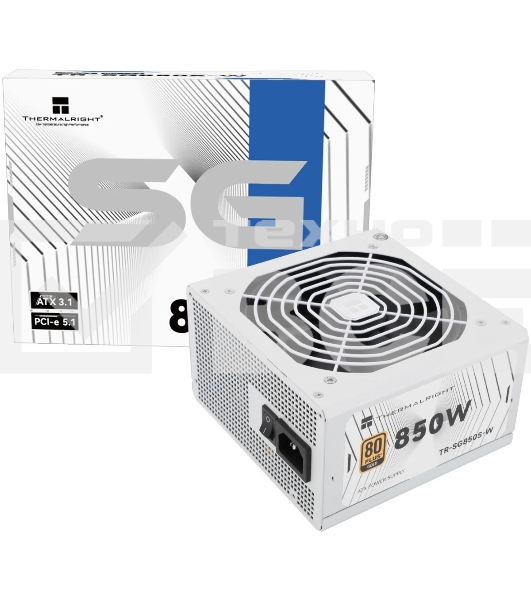 Блок питания Thermalright, 850W 80+ Gold (ATX, 3.1, PCIe 5.1, Non-modular, 1x24(20+4)pin, 1xCPU 8(4+4)pin, 2xPCIe*2 8(6+2)pin, 5xSATA3, 1x12+4pin (12VHPWR PCIe 5.1 12+4pin 600mm), 3xMOLEX4pin, Active, 120x120мм, 150x140x86mm, APFC, white)