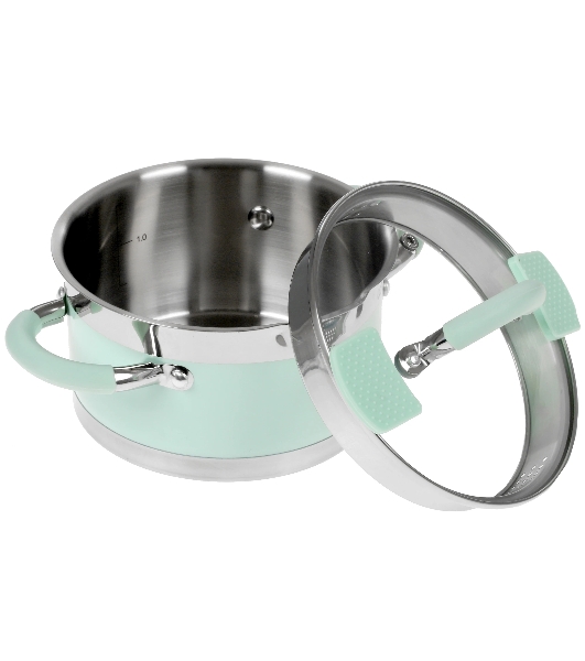 Кастрюля LARA LR02-540 MINT 16x9 см, 1,7 л, носик, индукционное дно, крышка с бортом, полипропилен, силикон, нержавеющая сталь