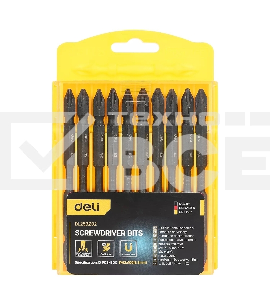 Набор двухсторонних торсионных бит для ударных шуруповертов 10 шт Deli DL253202 PH2x100мм, сталь S2, пласт.кейс